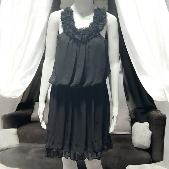 Ya Los Angeles Black Ruffle Collar Dress Size Medium Silk Blend Sleeveless - Picture 12 of 12